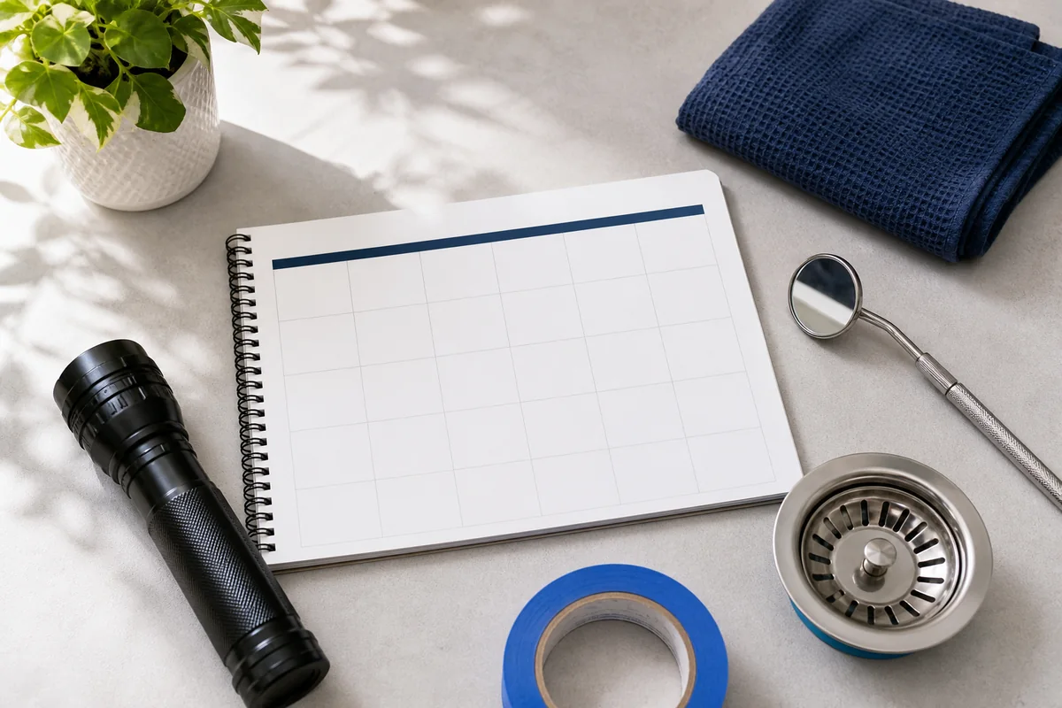 Illustrative maintenance checklist, flashlight, inspection mirror, and sink strainer